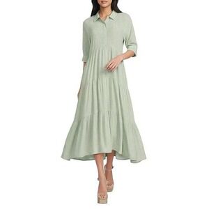 A Loves A Pinstripe Print Button Blouson Tiered Waistless Midi Shirt Dress L NWT